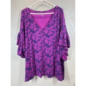 Ava & Viv Purple Ruffle Sleeve V-Neck Floral Top Shirt Womens Plus Size 4X